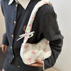 Floral Bow Canvas Pleated Drawstring Shoulder Bag – Aesthetic Underarm Purse-HighTouch