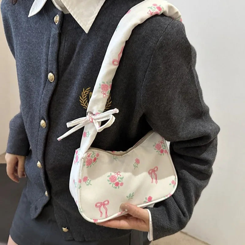 Floral Bow Canvas Pleated Drawstring Shoulder Bag – Aesthetic Underarm Purse