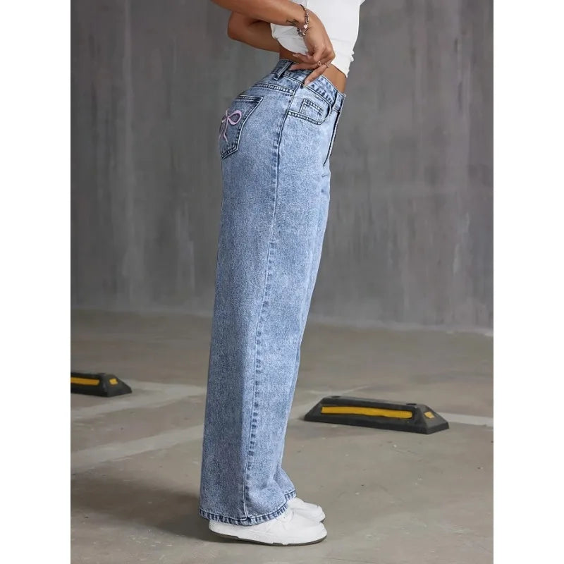 High Waist Wide‑Leg Bow Embroidered Pocket Jeans