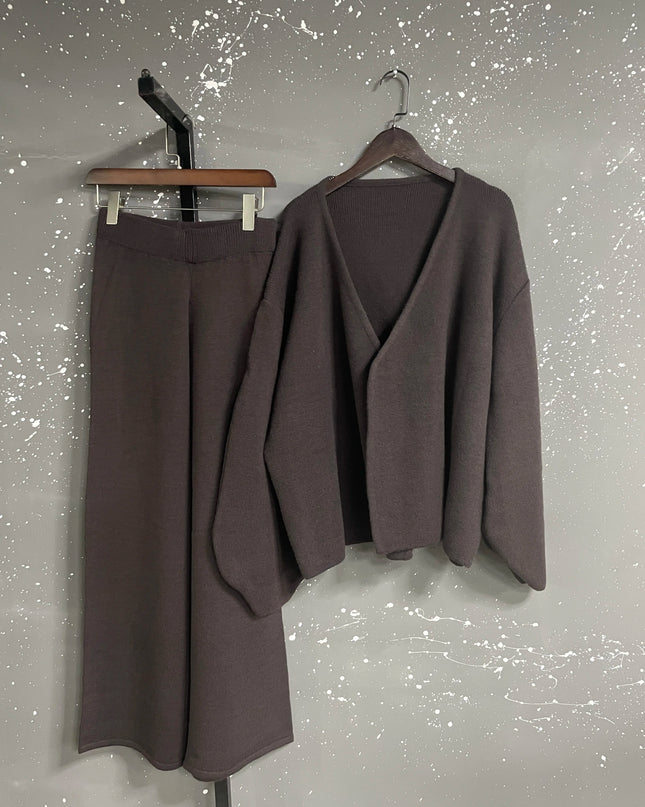 Knit Zip-Up Cardigan & Wide-Leg Pants Set