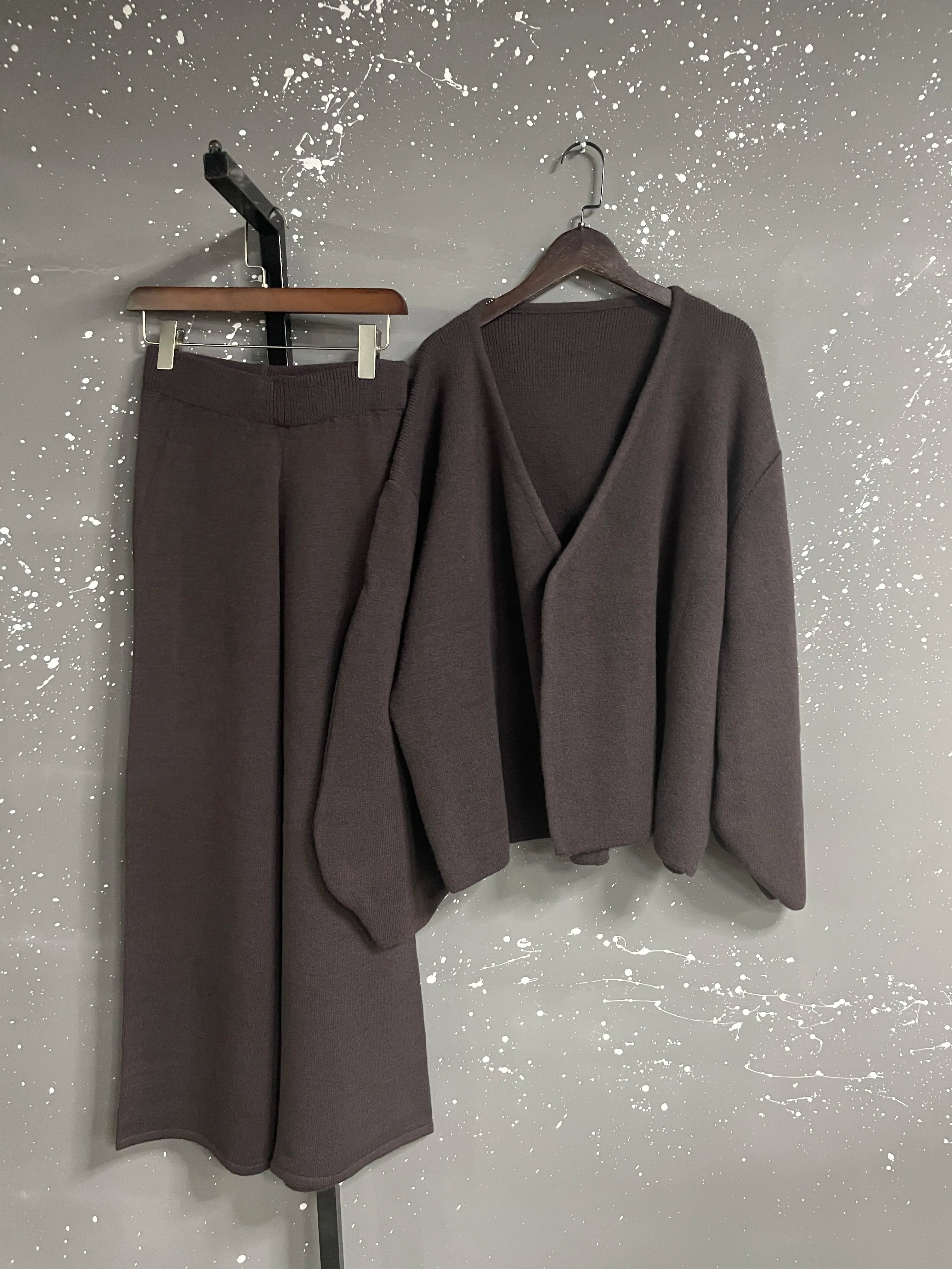 Knit Zip-Up Cardigan & Wide-Leg Pants Set