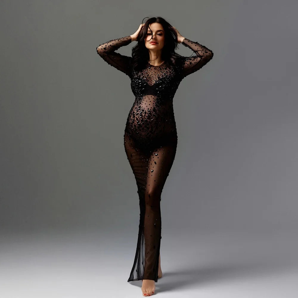 Rhinestone Maternity Dress Summer Sheer Mesh Photoshoot Maxi