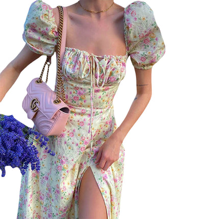 Puff-Sleeve Floral Maxi Dress – Lace-Up Bodice & High Split