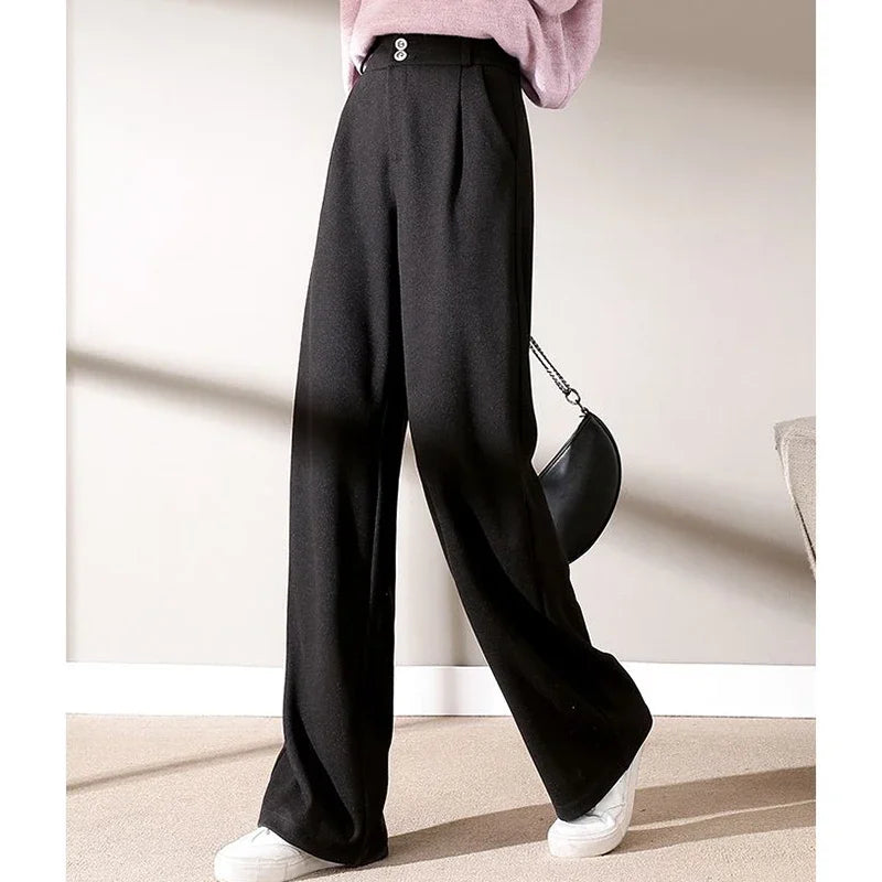 Women High Waist Wool Blend Straight Leg Trousers-HighTouch