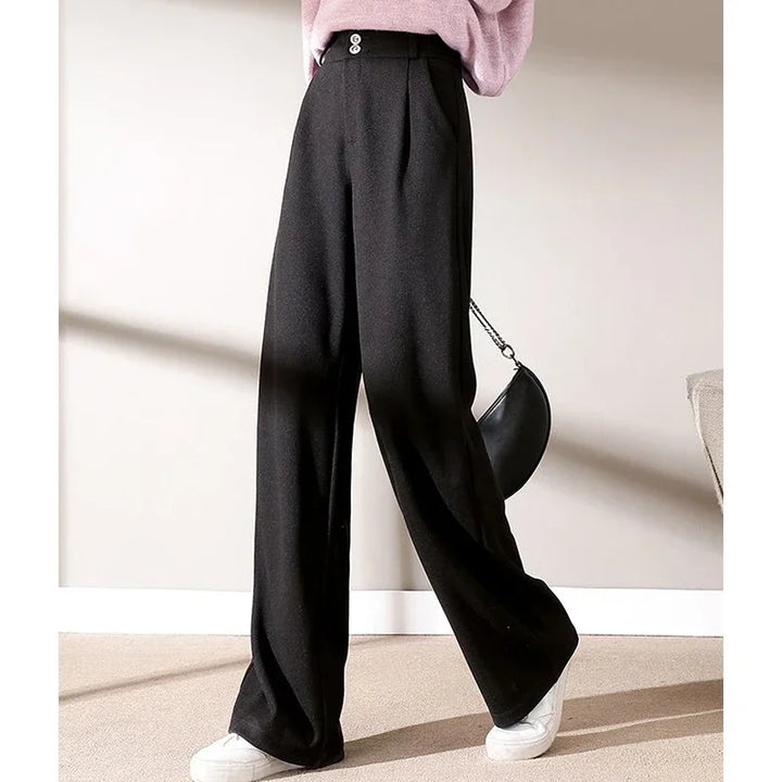Women High Waist Wool Blend Straight Leg Trousers-HighTouch