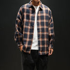 Oversized Vintage Plaid Shirt Men – Thick Long-Sleeve Streetwear Blouse-HighTouch