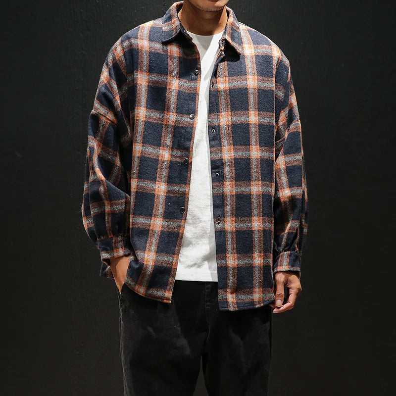 Oversized Vintage Plaid Shirt Men – Thick Long-Sleeve Streetwear Blouse