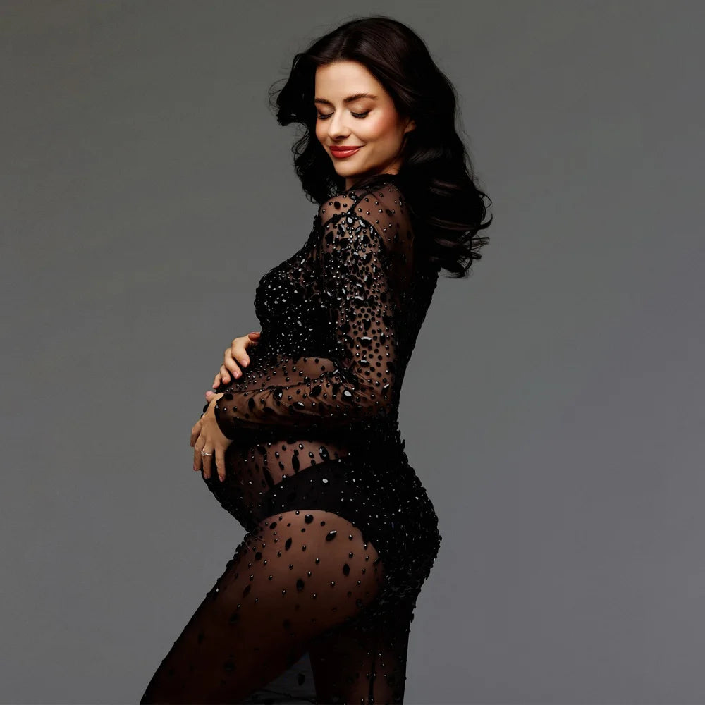 Rhinestone Maternity Dress Summer Sheer Mesh Photoshoot Maxi