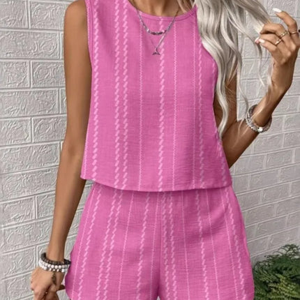 Striped Sleeveless O‑Neck Top & High‑Waist Shorts Set – Lightweight Summer Co‑Ord