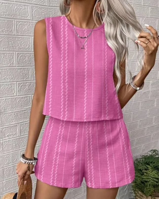 Striped Sleeveless O‑Neck Top & High‑Waist Shorts Set – Lightweight Summer Co‑Ord