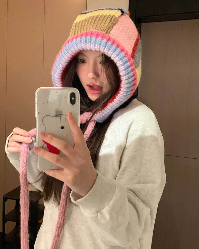 Color-Blocked Striped Warm Earmuffs for Women