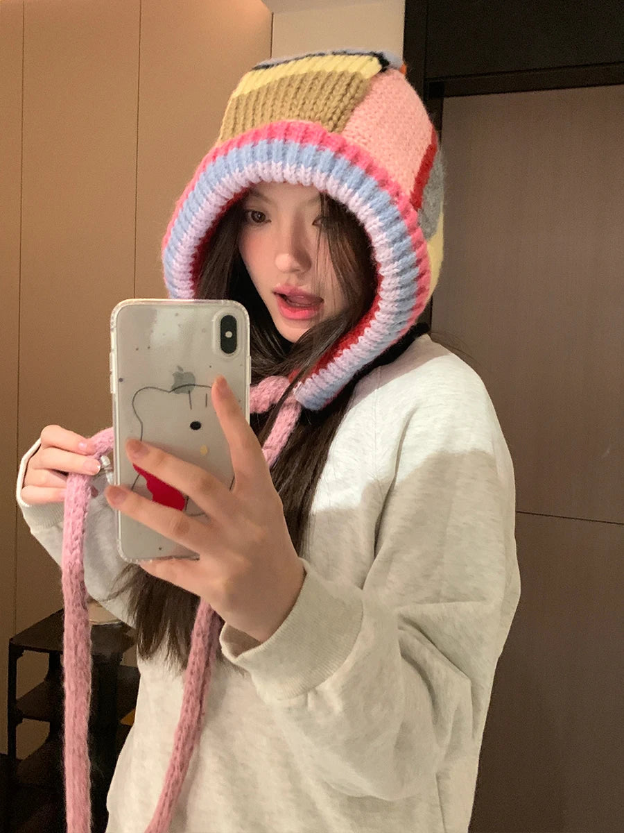 Color-Blocked Striped Warm Earmuffs for Women