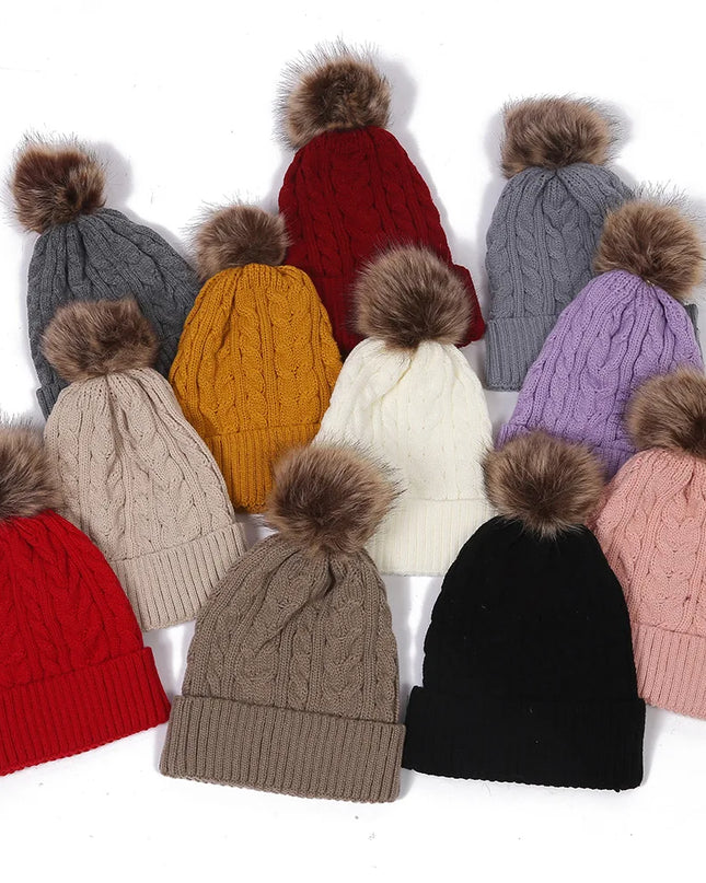 Plush-Pom Knit Flap Beanie for Women