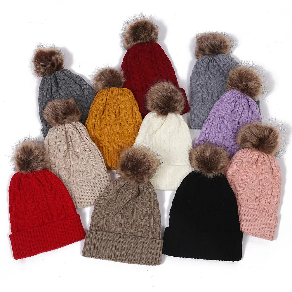 Plush-Pom Knit Flap Beanie for Women