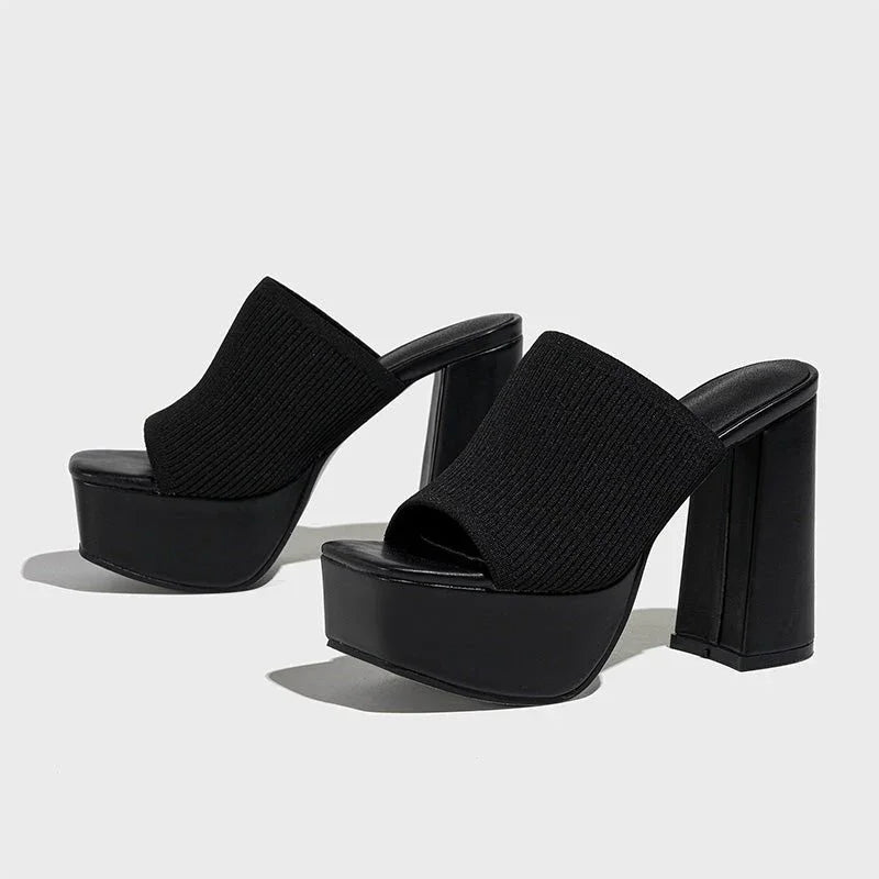 Women's Platform Block Heels – Stretch Knit 6.5cm Lift