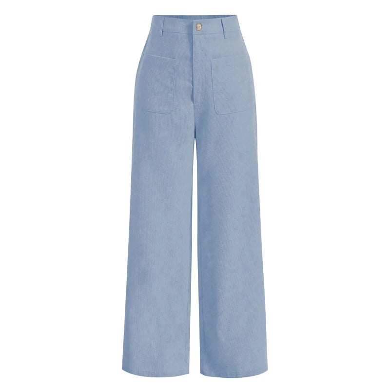 All-Season High Waist Wide-Leg Trousers for Women – Button Front & Pockets-HighTouch