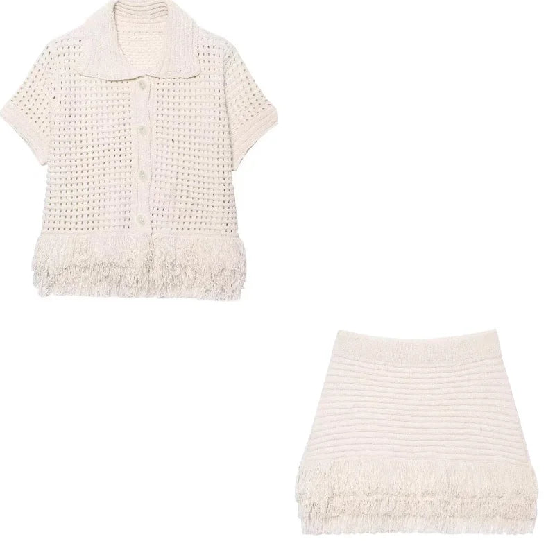 Knit Tassel Cardigan & Skirt Set