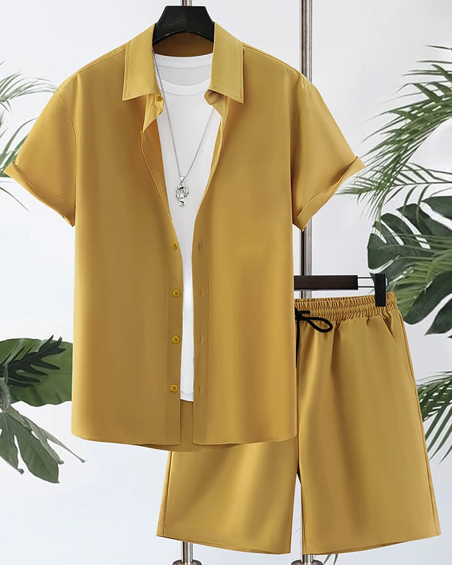 Men’s Solid Color Hawaiian Shirt & Shorts Set – Oversized Summer 2-Piece