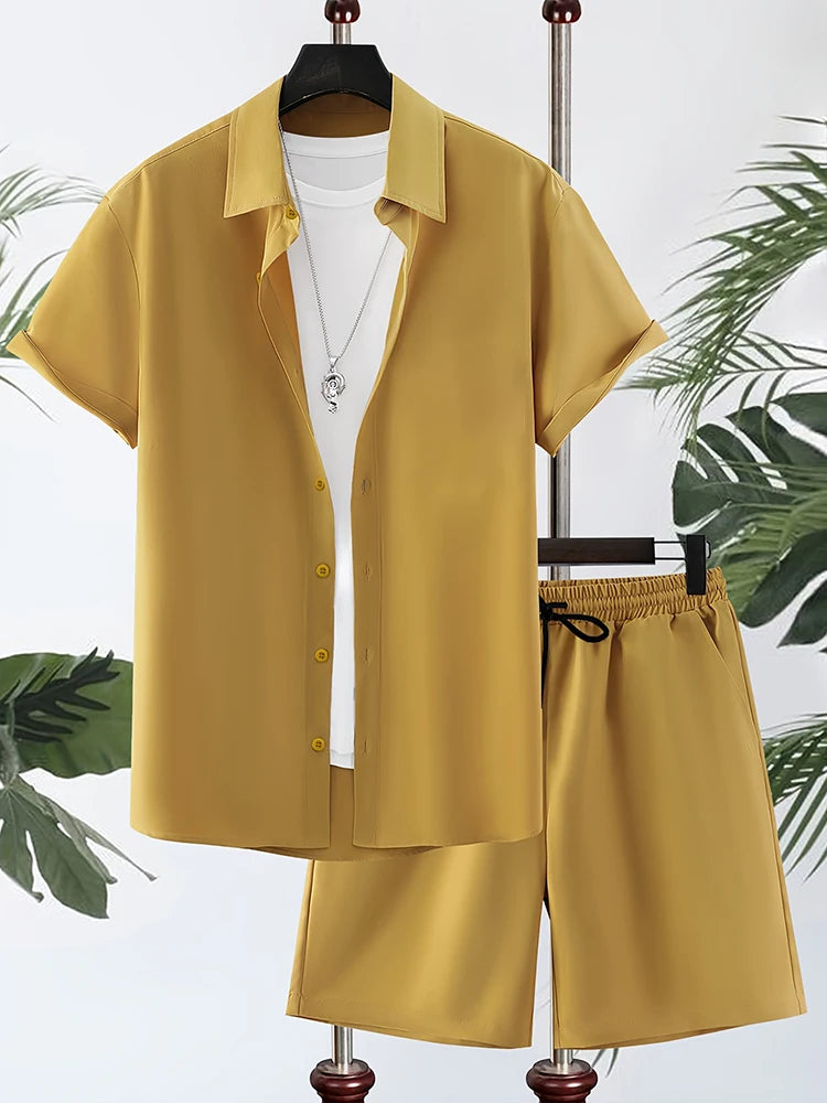 Men’s Solid Color Hawaiian Shirt & Shorts Set – Oversized Summer 2-Piece