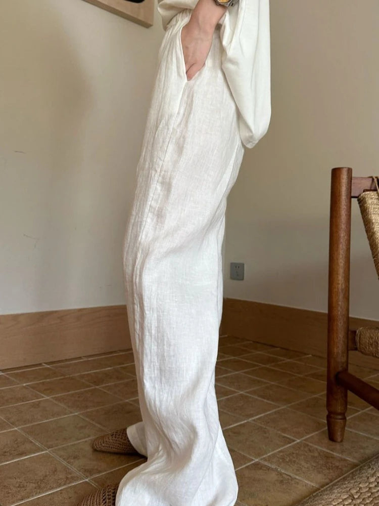 Women's White High-Waisted Wide-Leg Casual Pants – Lightweight & Comfortable