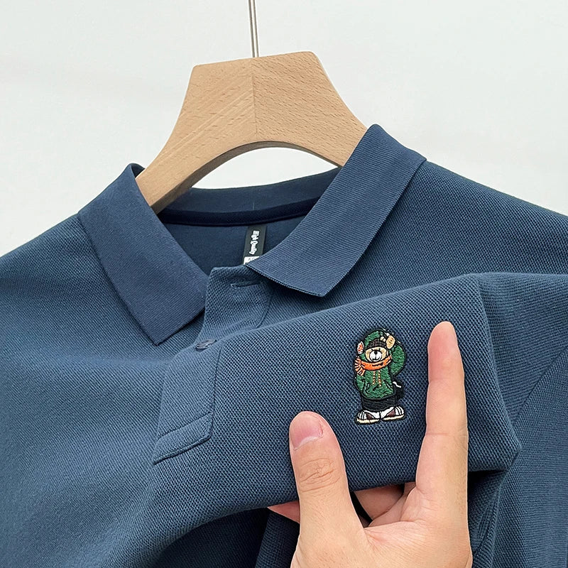 Bear-Embroidered 100% Cotton Long-Sleeve Polo – Spring/Autumn Men’s