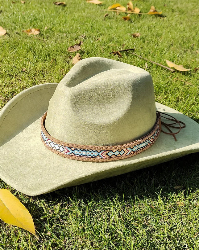 Suede Wide-Brim Western Cowboy Fedora Adjustable Fit