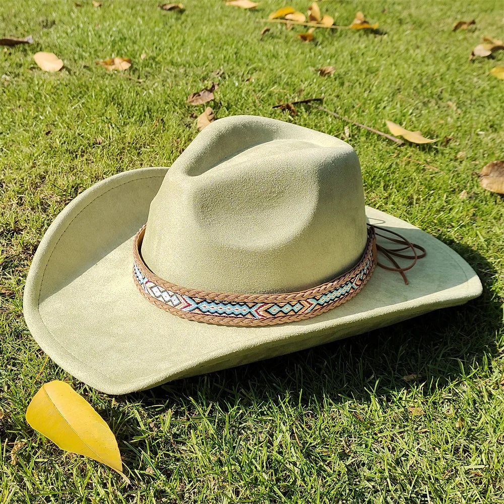 Suede Wide-Brim Western Cowboy Fedora Adjustable Fit