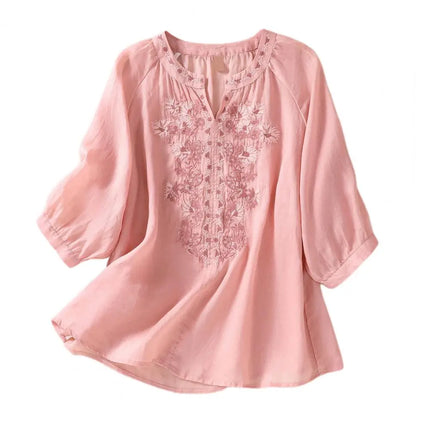 Embroidered Linen Cotton Blouse – Casual 3/4 Sleeve Women’s Top