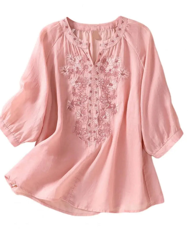 Embroidered Linen Cotton Blouse – Casual 3/4 Sleeve Women’s Top