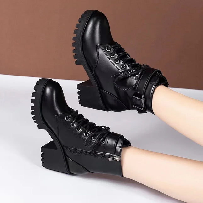 Autumn Women's Chunky Heeled Short Boots Round Toe Lace Up High Heels Solid Color Waterproof Platform Motorcycle Boots for Women