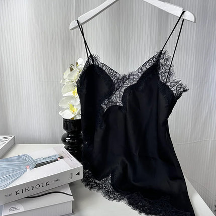 Black Lace Cami Top – Sexy V-Neck Y2K Sleeveless Patchwork Blouse