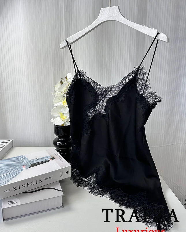 Black Lace Cami Top – Sexy V-Neck Y2K Sleeveless Patchwork Blouse