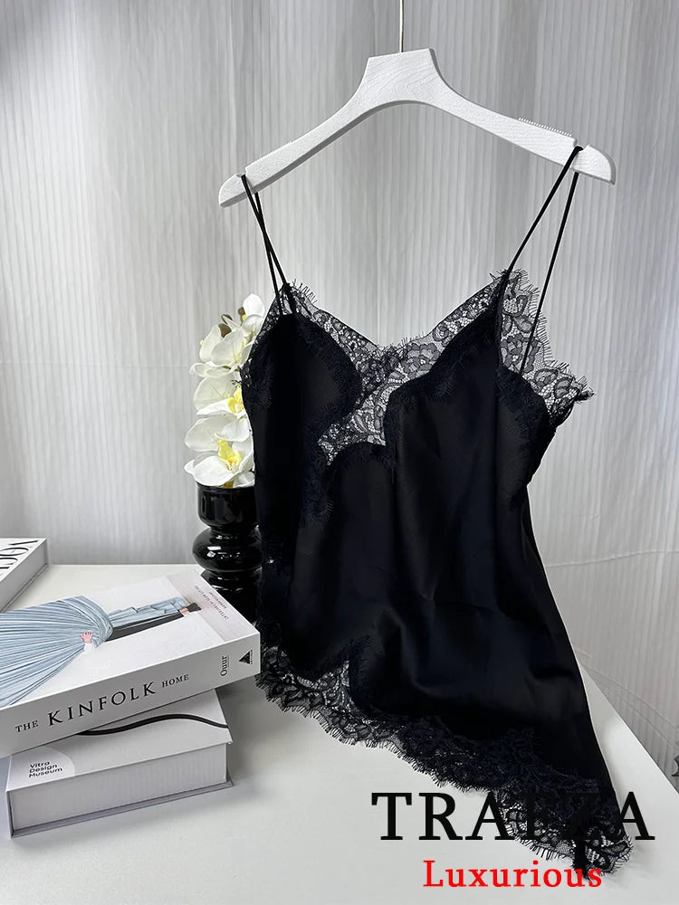 Black Lace Cami Top – Sexy V-Neck Y2K Sleeveless Patchwork Blouse