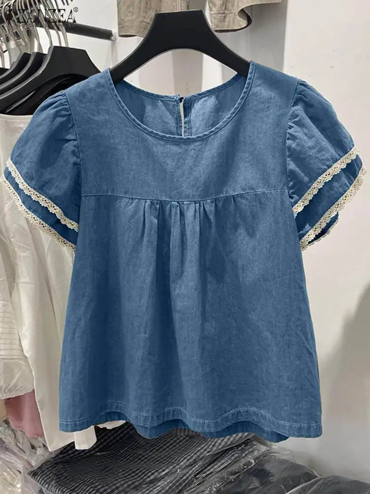 Zanzea Lace Patchwork Denim Blouse – Casual Summer Top for Women-HighTouch