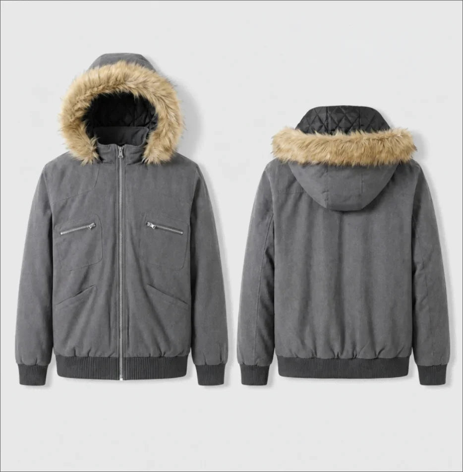Winter Jacket Women Grey Faux Fur Hood Zip Pockets Slim Fit