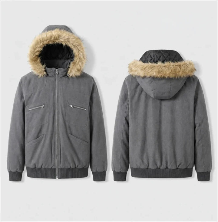 Winter Jacket Women Grey Faux Fur Hood Zip Pockets Slim Fit