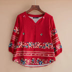 Vintage Boho V-Neck Blouse – Lantern Sleeve Pullover-HighTouch
