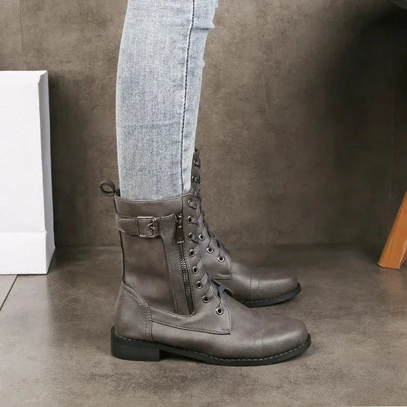 Women's Mid-Calf Lace-Up Boots – Buckle & Zip