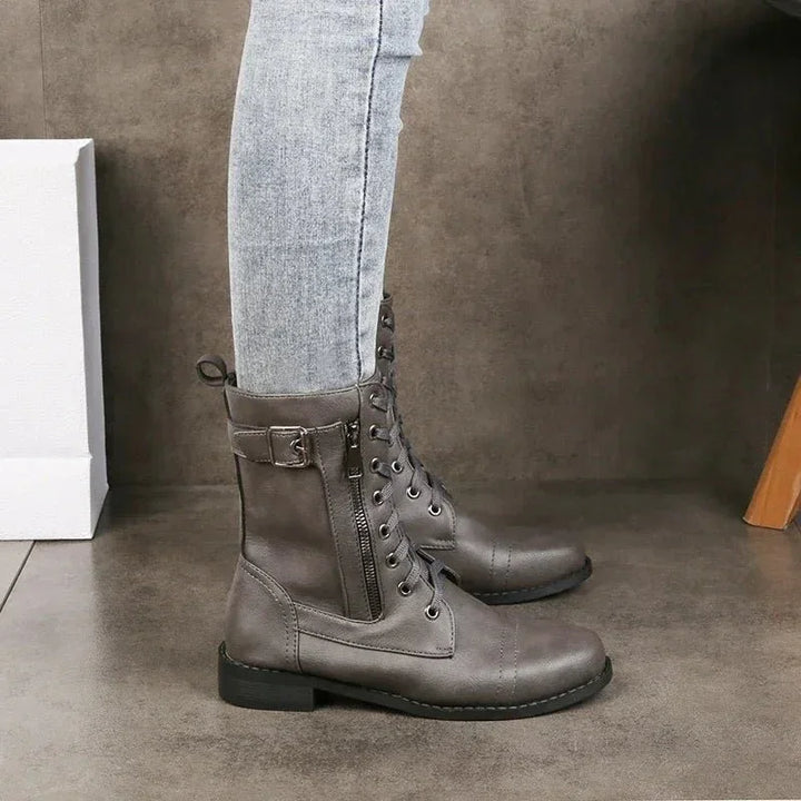 Women's Mid-Calf Lace-Up Boots – Buckle & Zip