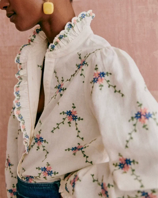 Women’s Floral Embroidery Stand-Collar Ruffle Blouse