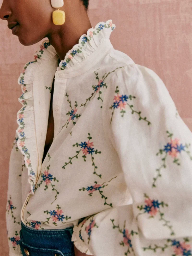 Women’s Floral Embroidery Stand-Collar Ruffle Blouse
