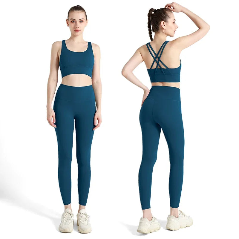 Summer New 2 Piece Yoga Clothes Women's Tracksuit Athletic Cross Back Nylon Yoga Top Women Sports Bra Leggings Pilates Fitness-HighTouch