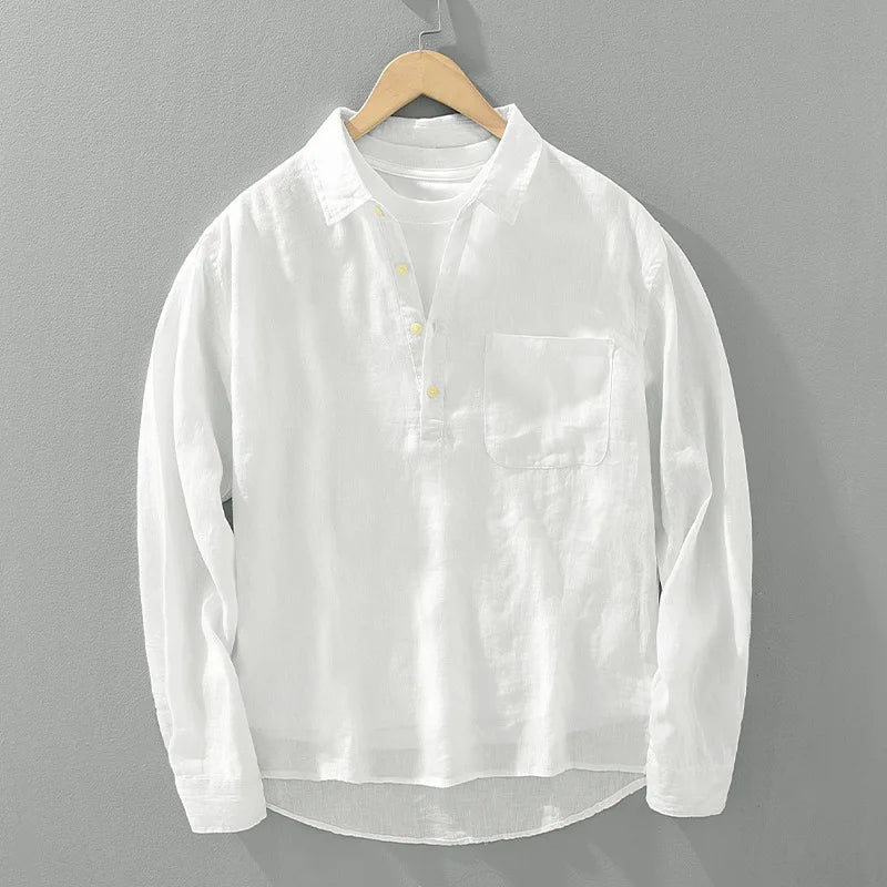 Linen Loose Square-Collar Long Sleeve Shirt Men-HighTouch