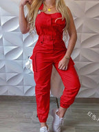 Sleeveless Cargo Jumpsuit with Drawstring Waist-HighTouch