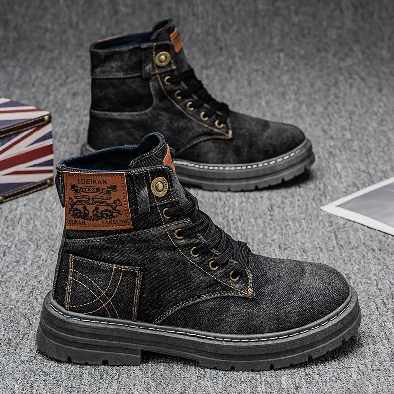 Size 48 Denim Lace-Up Men’s Platform Travel Boots-HighTouch