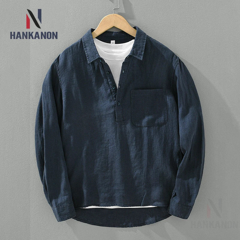 Linen Loose Square-Collar Long Sleeve Shirt Men