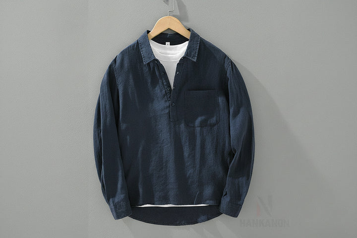 Linen Loose Square-Collar Long Sleeve Shirt Men-HighTouch