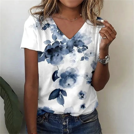 Vintage Floral 3D Print V‑Neck Tee – Oversized Harajuku Style
