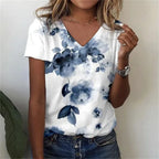 Vintage Floral 3D Print V‑Neck Tee – Oversized Harajuku Style-HighTouch