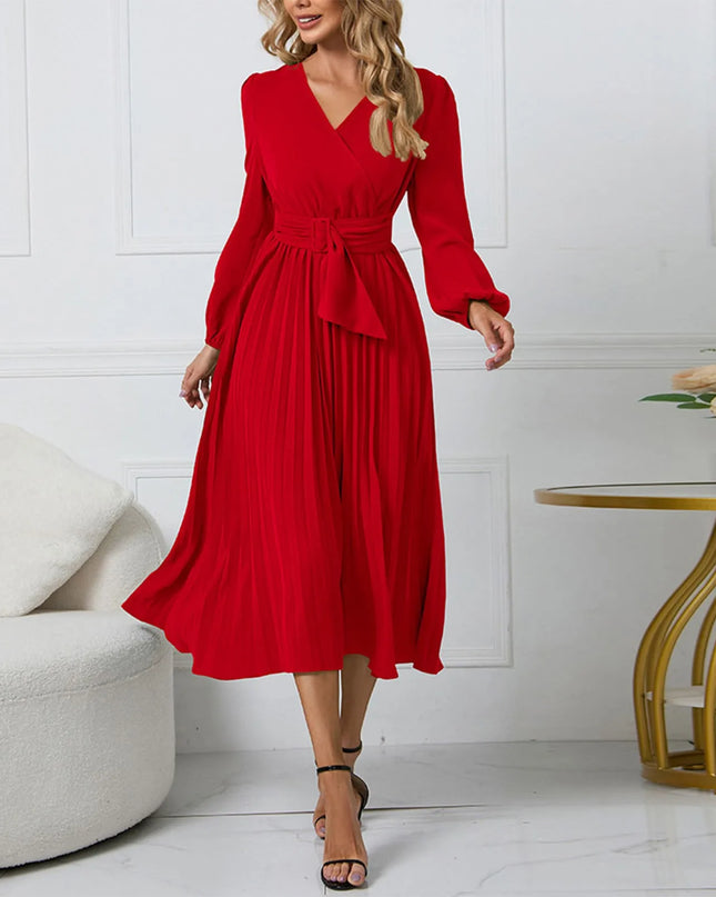 Long-Sleeve Wrap Pleated Midi Dress with Belt
